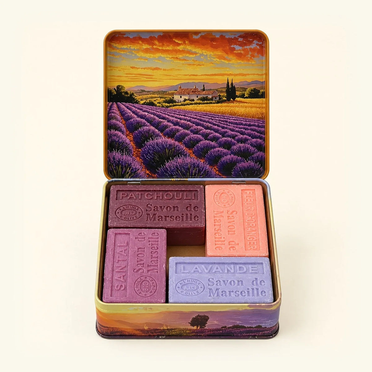 Lavender Twilight — zestaw 4 mydeł marsylskich w metalowym pudełku