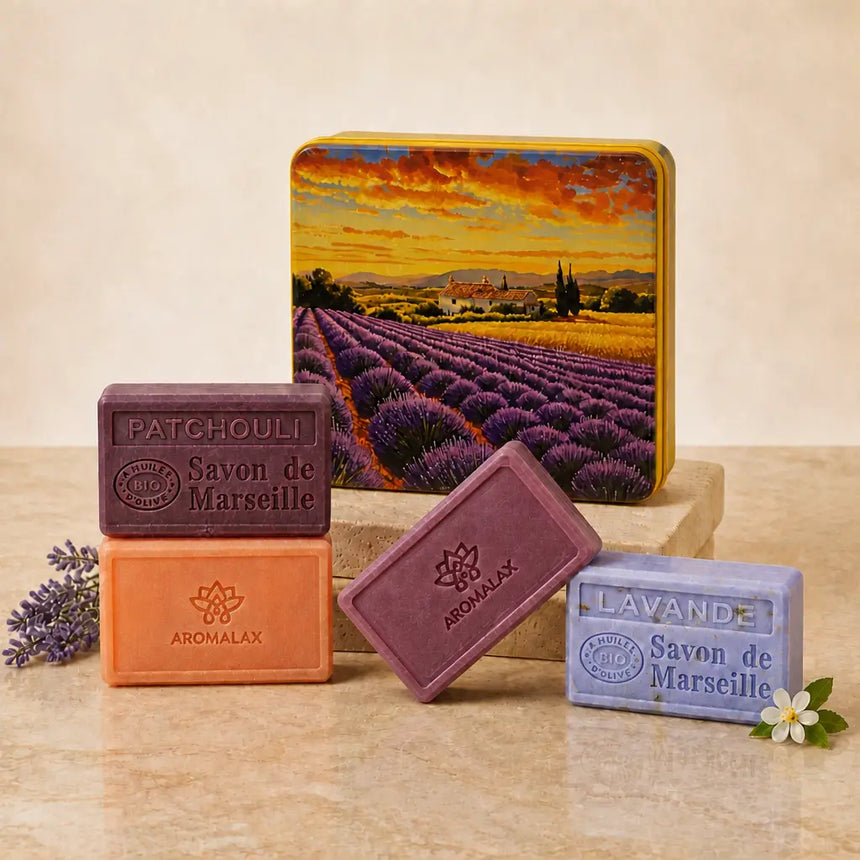 Lavender Twilight — zamknięte pudełko i 4 mydła marsylskie AromaLax