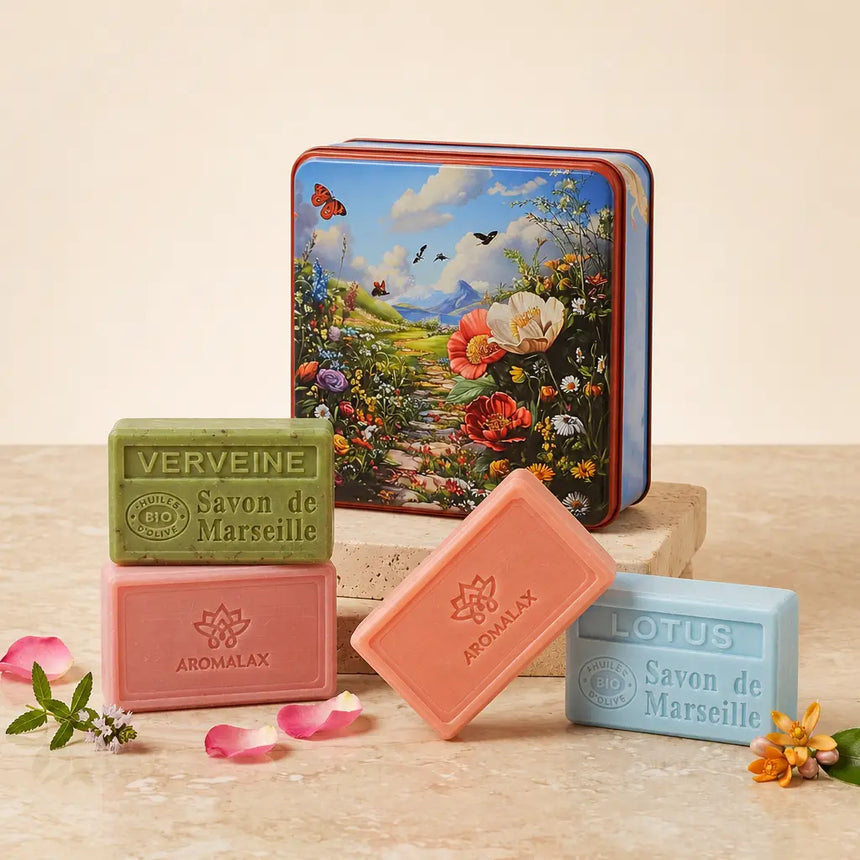 Floral Harmony — zamknięte pudełko i 4 mydła marsylskie AromaLax
